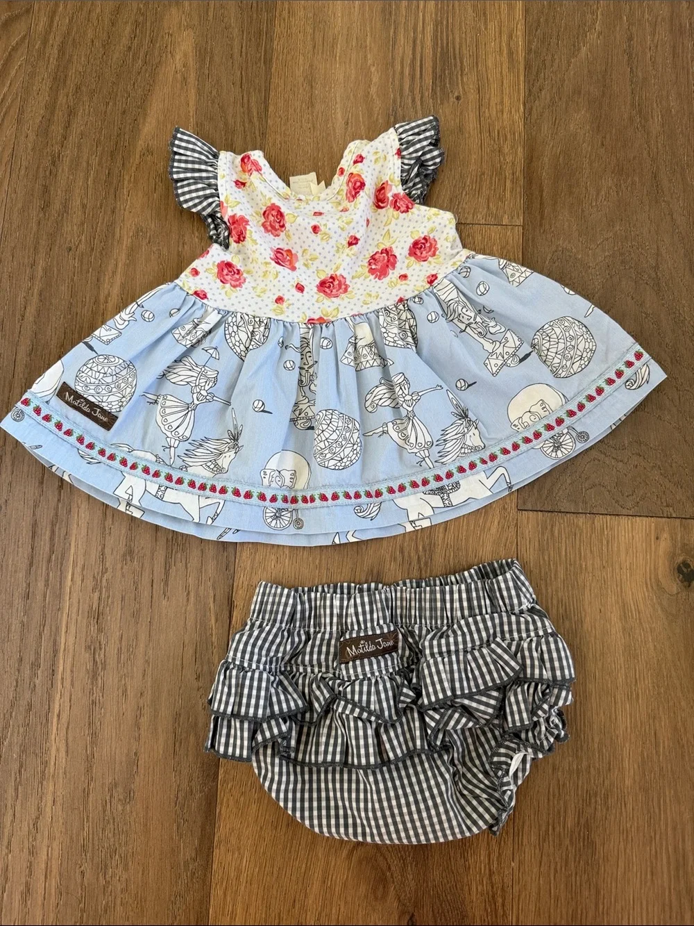 Matilda Jane Blue, Pink & White Floral Carousel Dress and Gingham Bloomers Set
